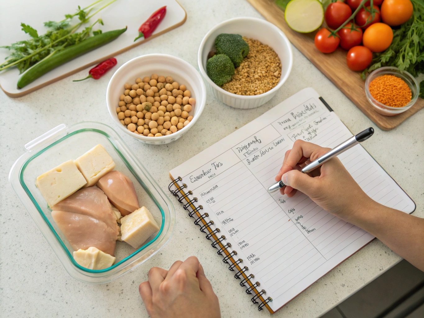 Person som planerar proteinrika måltider för veckan