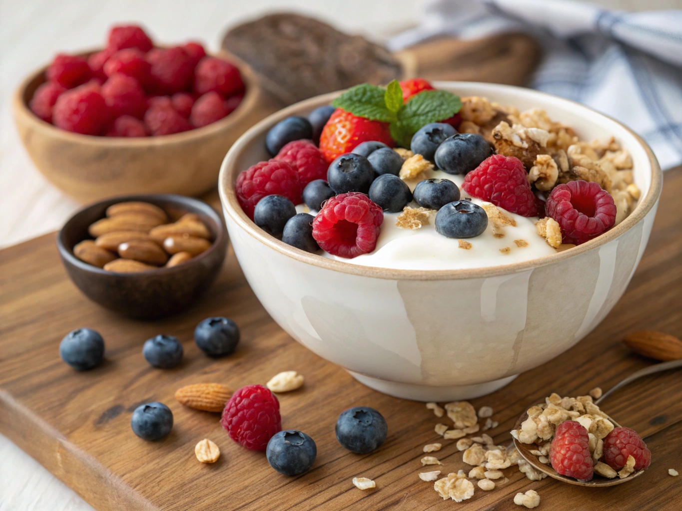 Proteinrik frukostskål med yoghurt, bär och nötter