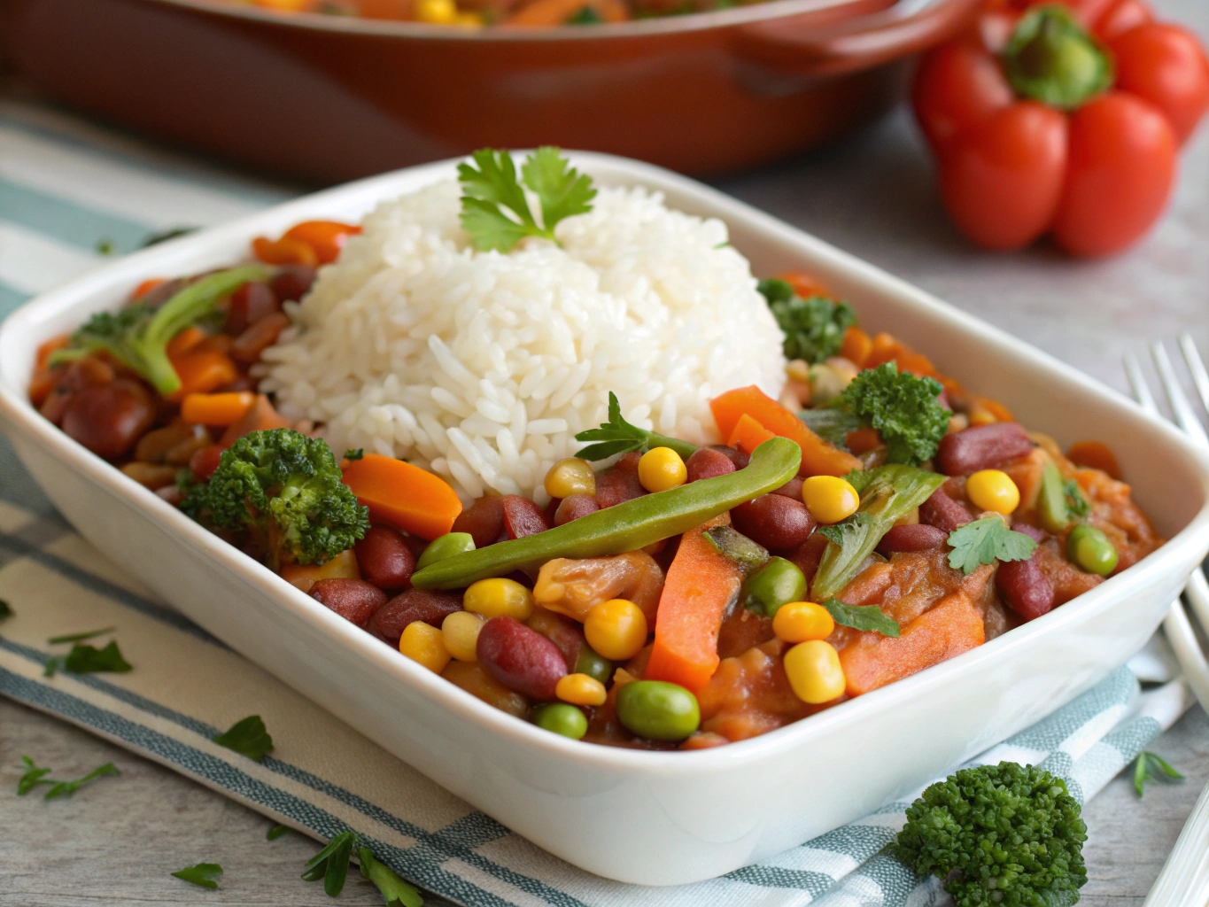 Vegetarisk böngryta med ris och grönsaker